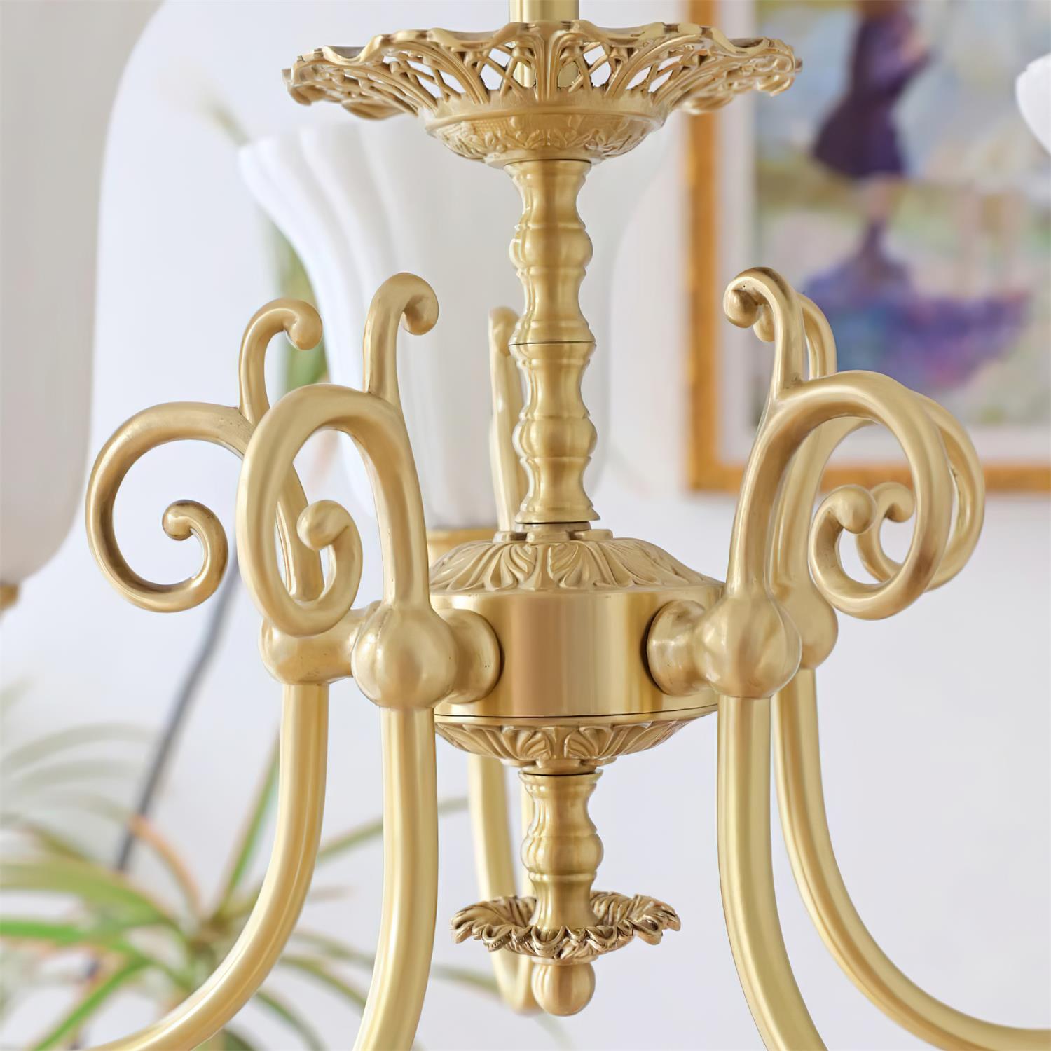 Chandelier with Brass Arms White Glass Shades Opulent Luxe