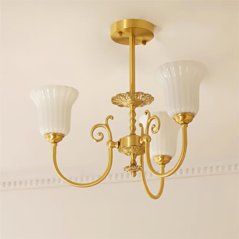 Chandelier with Brass Arms White Glass Shades Opulent Luxe