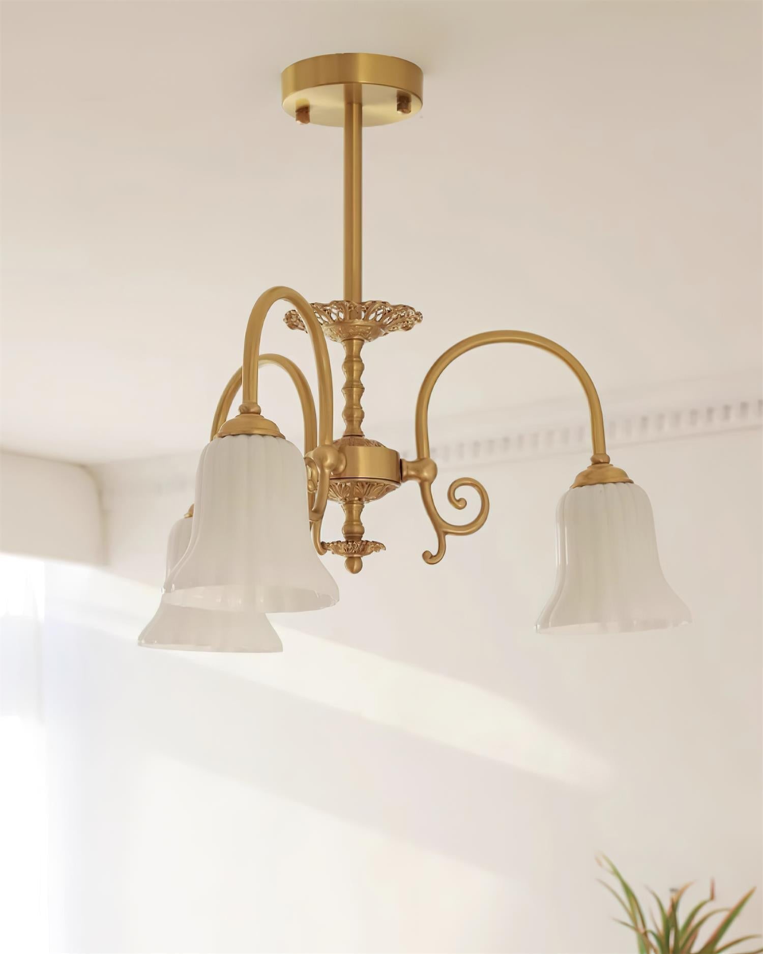Chandelier with Brass Arms White Glass Shades Opulent Luxe