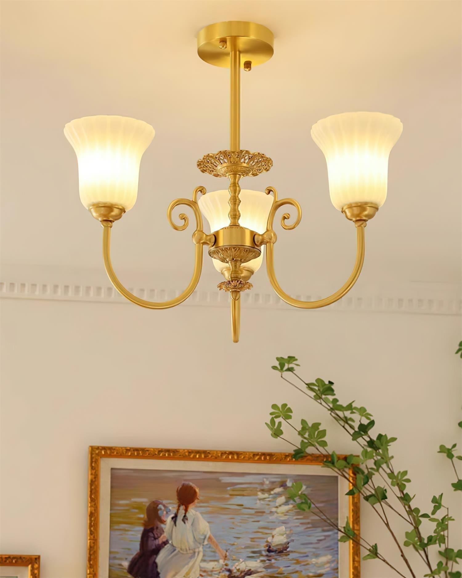 Chandelier with Brass Arms White Glass Shades Opulent Luxe