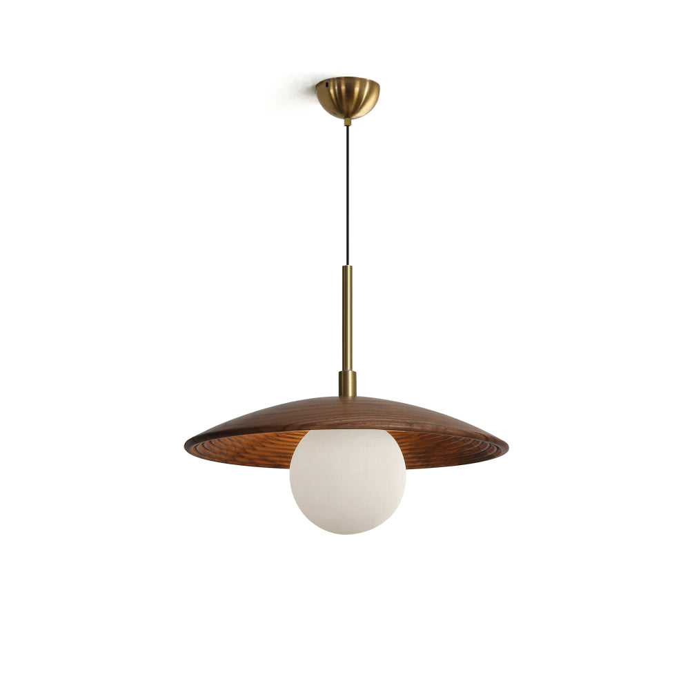Caroll Pendant Light with walnut wood shade and brass accents.