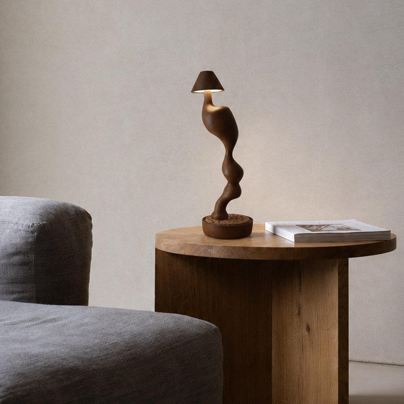 Carved Wood Cordless Table Lamp-Neutral Decor