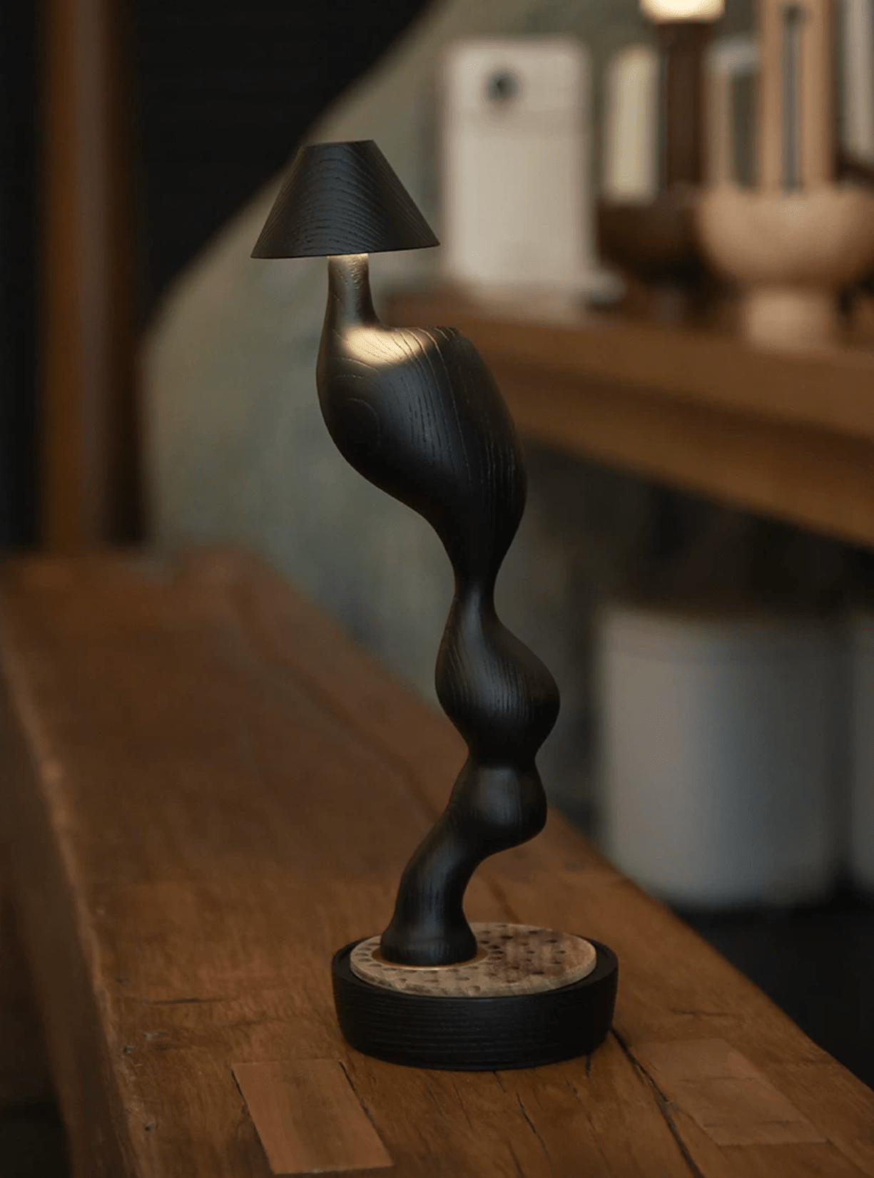 Carved Wood Cordless Table Lamp-Neutral Decor