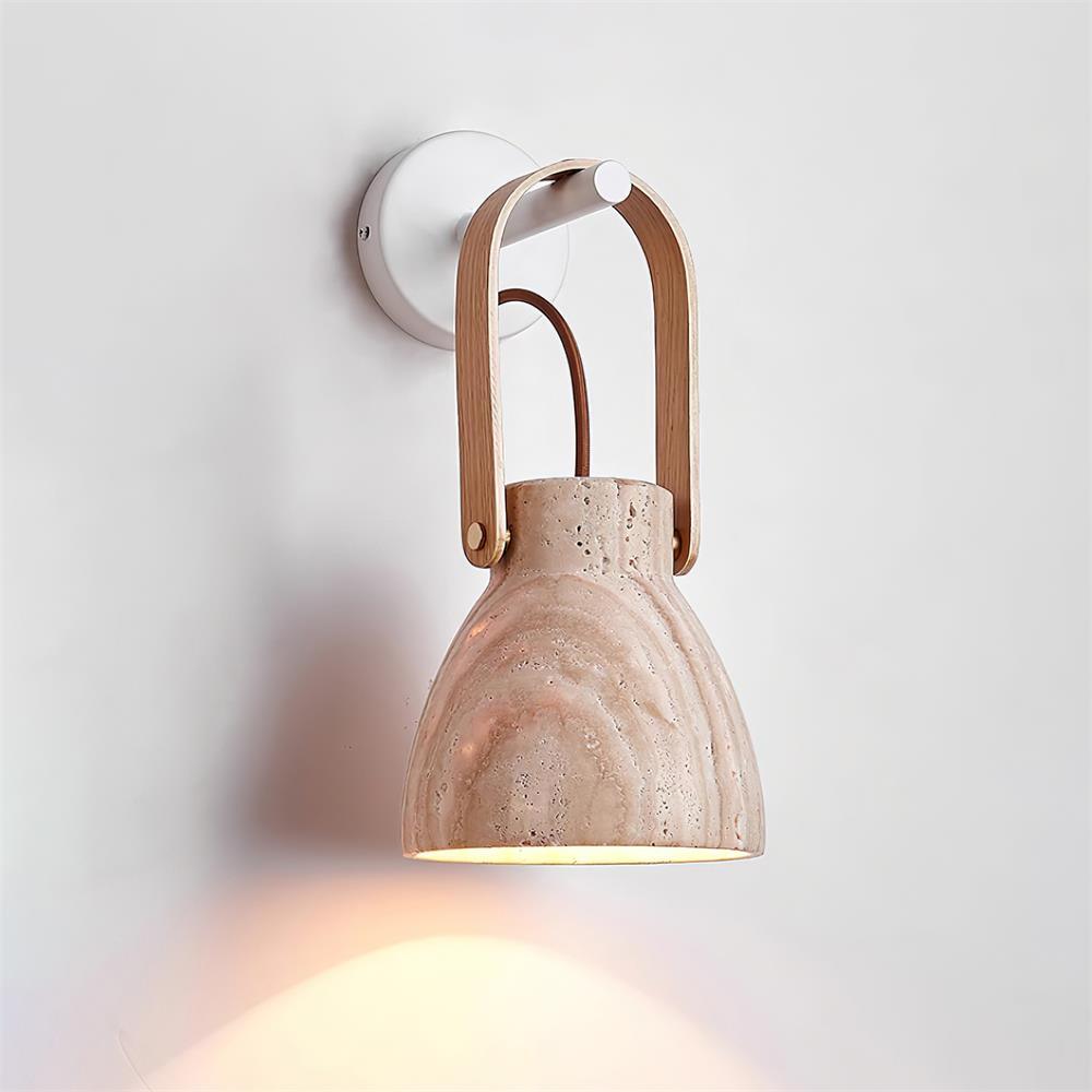 Wall Lamp Metal Body Wood Strap Travertine Shade Minimalist