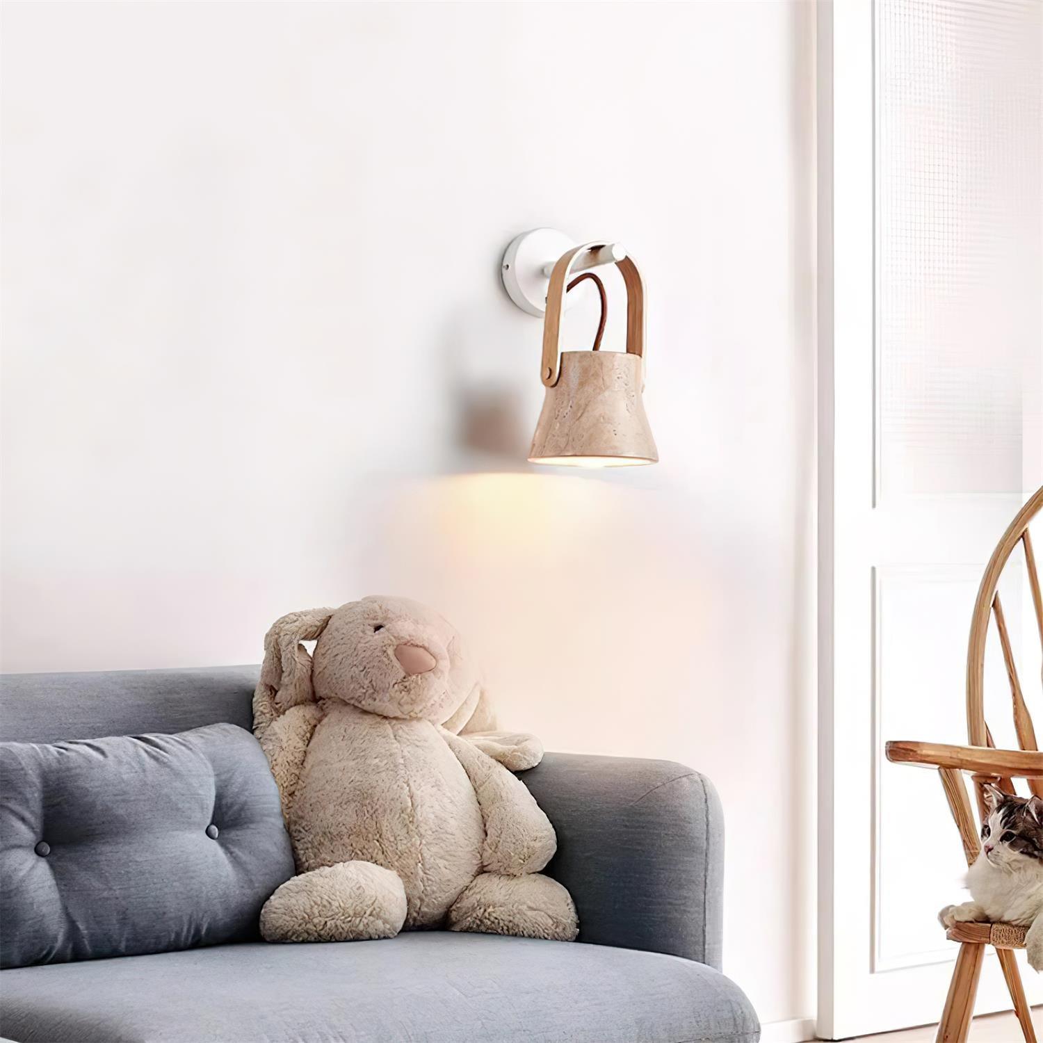 Wall Lamp Metal Body Wood Strap Travertine Shade Minimalist