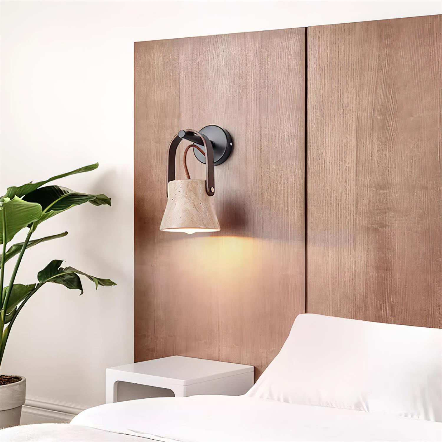 Wall Lamp Metal Body Wood Strap Travertine Shade Minimalist