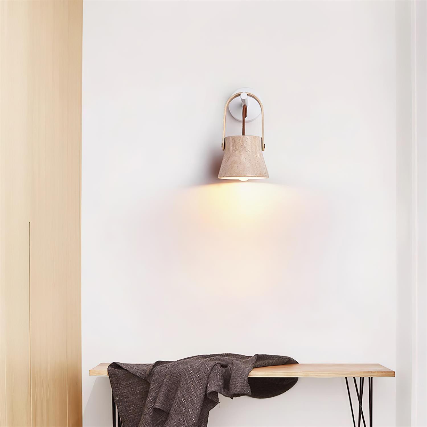 Wall Lamp Metal Body Wood Strap Travertine Shade Minimalist