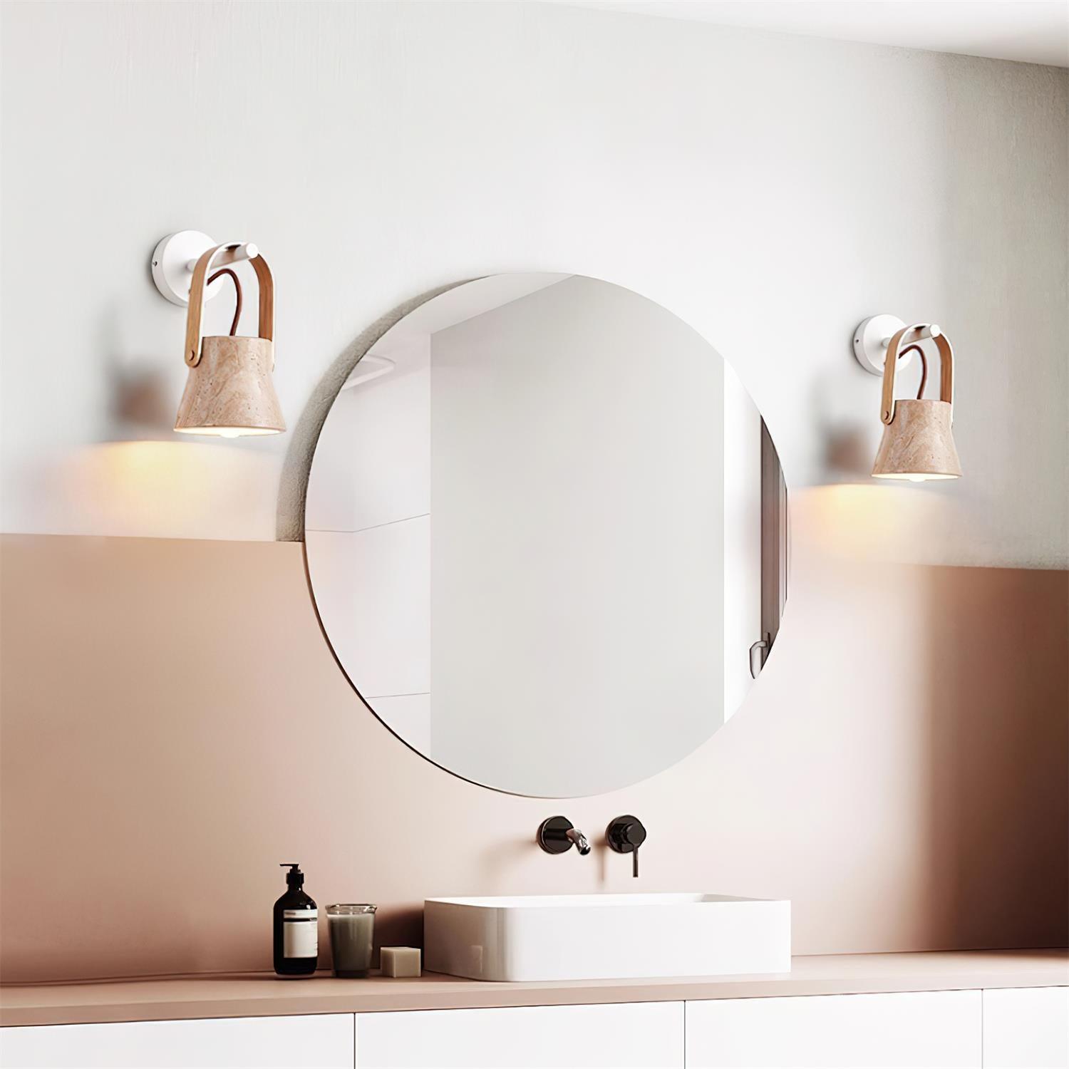 Wall Lamp Metal Body Wood Strap Travertine Shade Minimalist