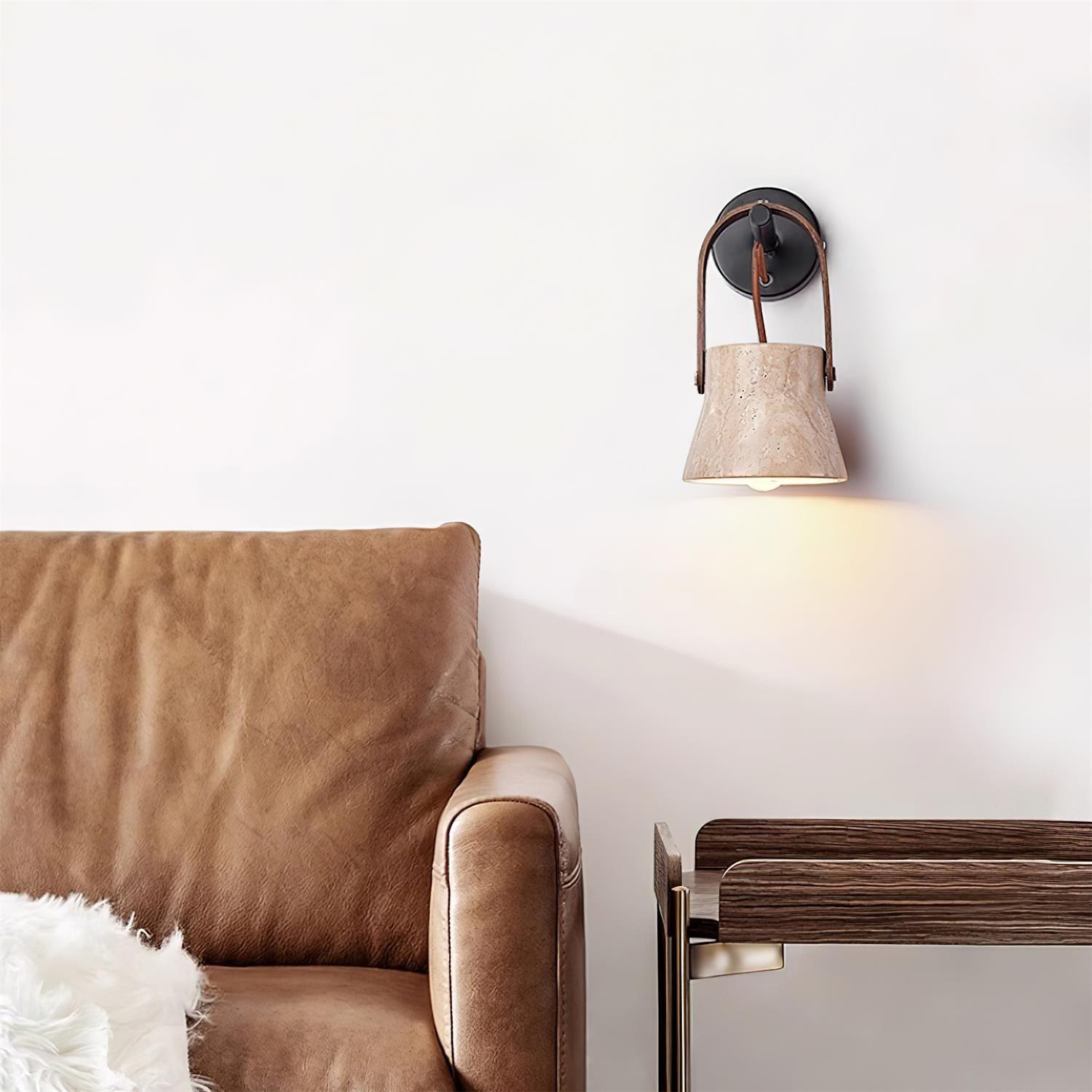 Wall Lamp Metal Body Wood Strap Travertine Shade Minimalist