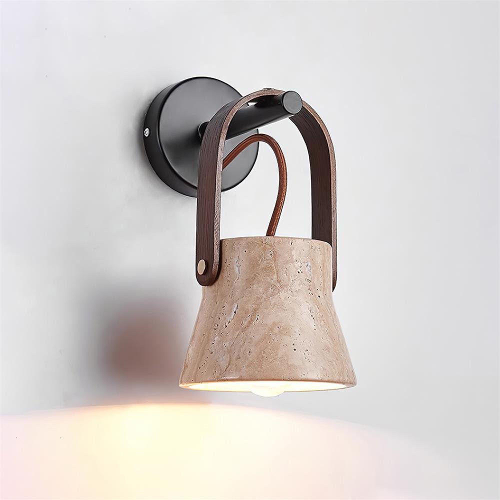 Wall Lamp Metal Body Wood Strap Travertine Shade Minimalist