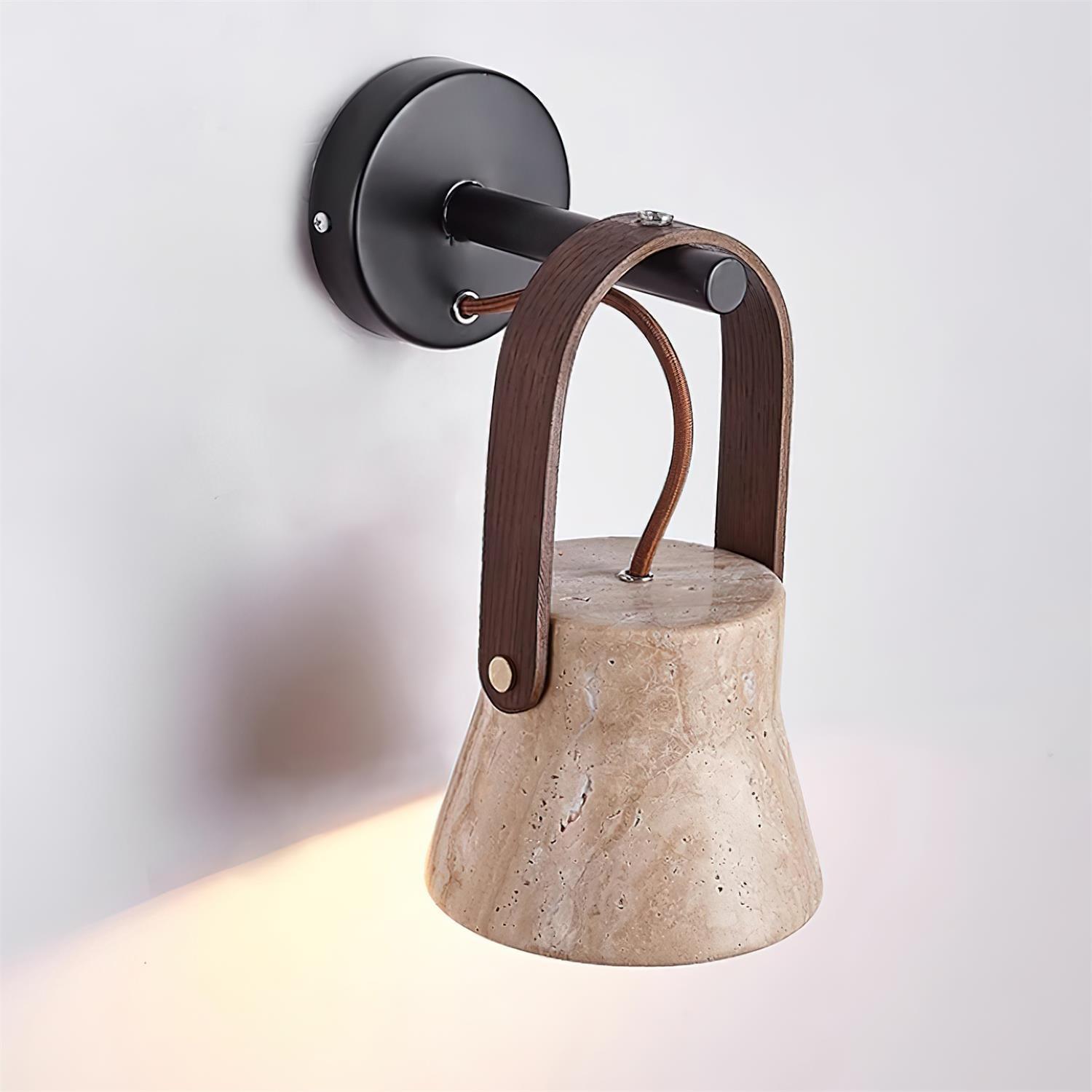 Wall Lamp Metal Body Wood Strap Travertine Shade Minimalist