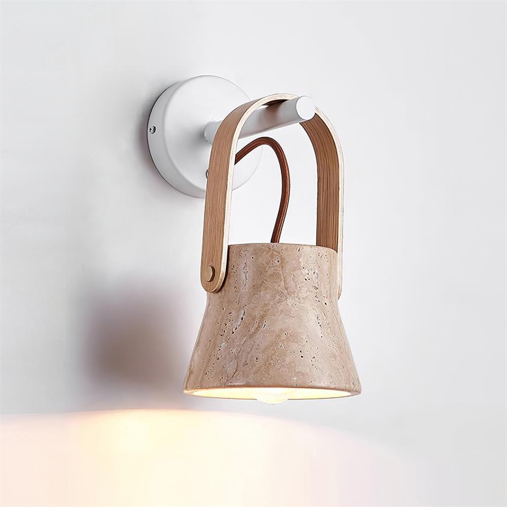 Wall Lamp Metal Body Wood Strap Travertine Shade Minimalist