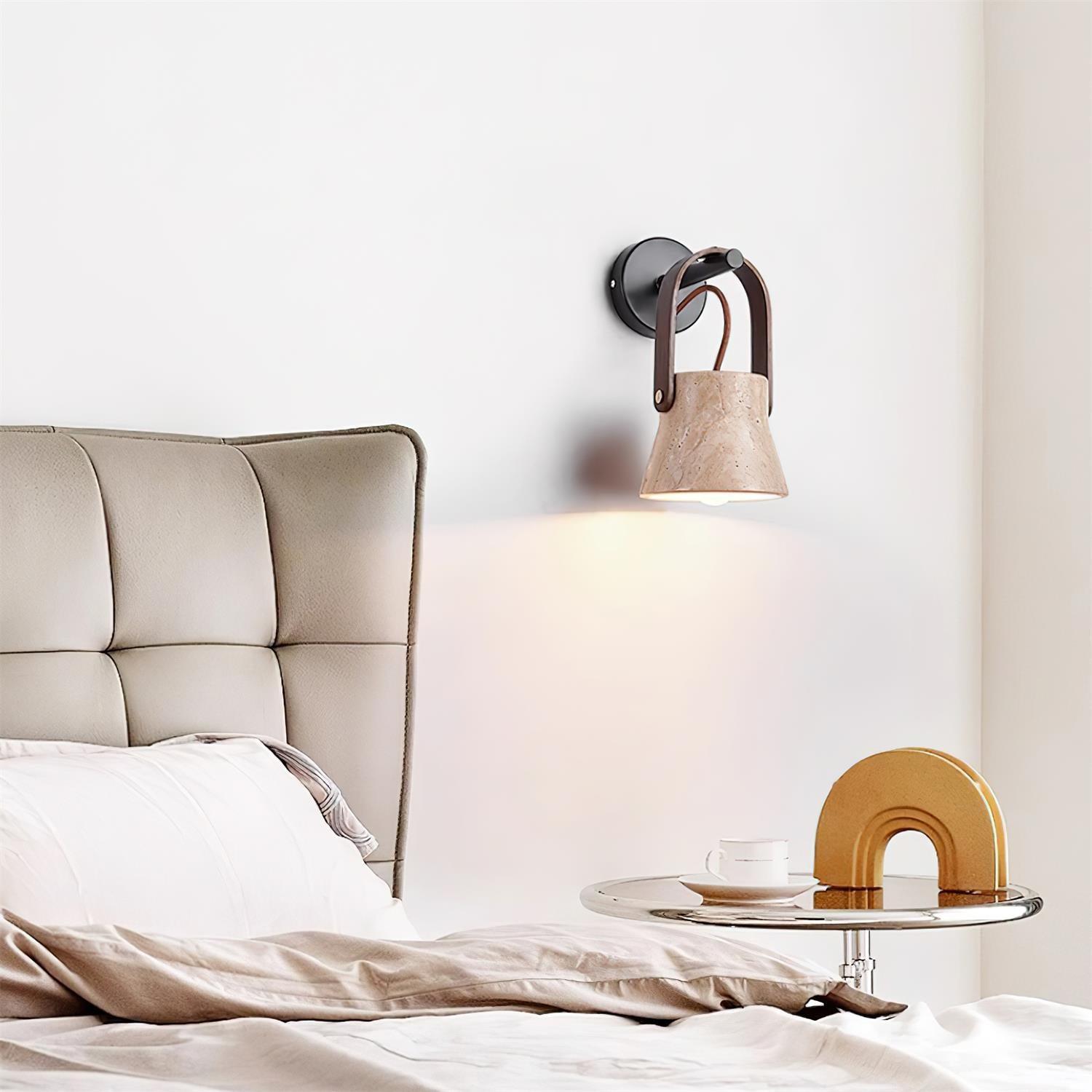 Wall Lamp Metal Body Wood Strap Travertine Shade Minimalist