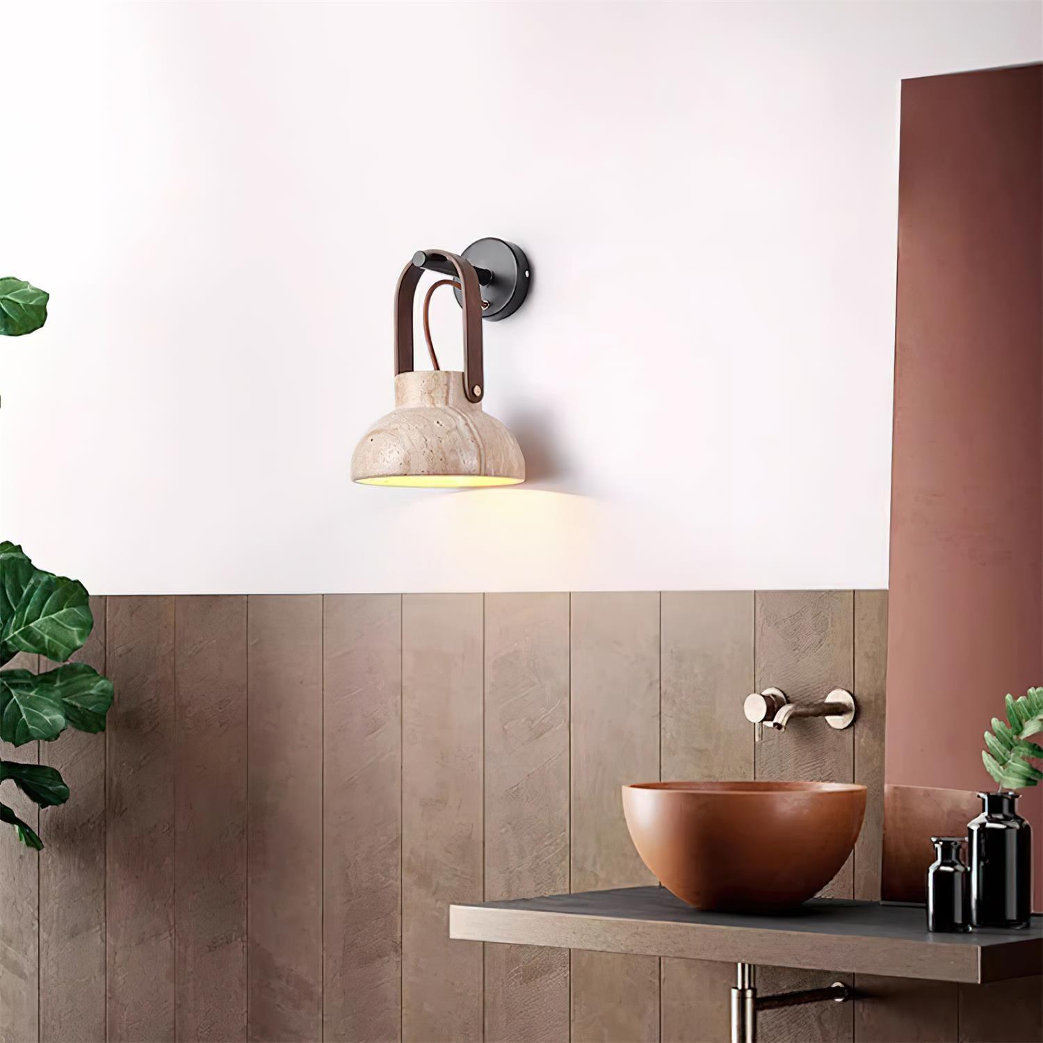 Wall Lamp Metal Body Wood Strap Travertine Shade Minimalist