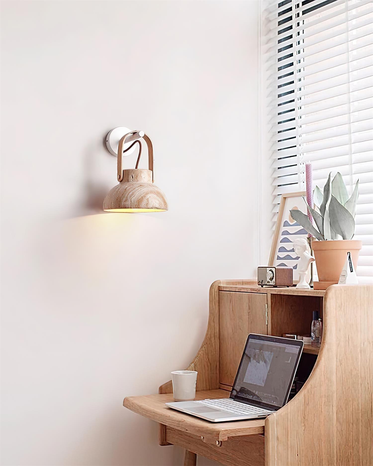 Wall Lamp Metal Body Wood Strap Travertine Shade Minimalist