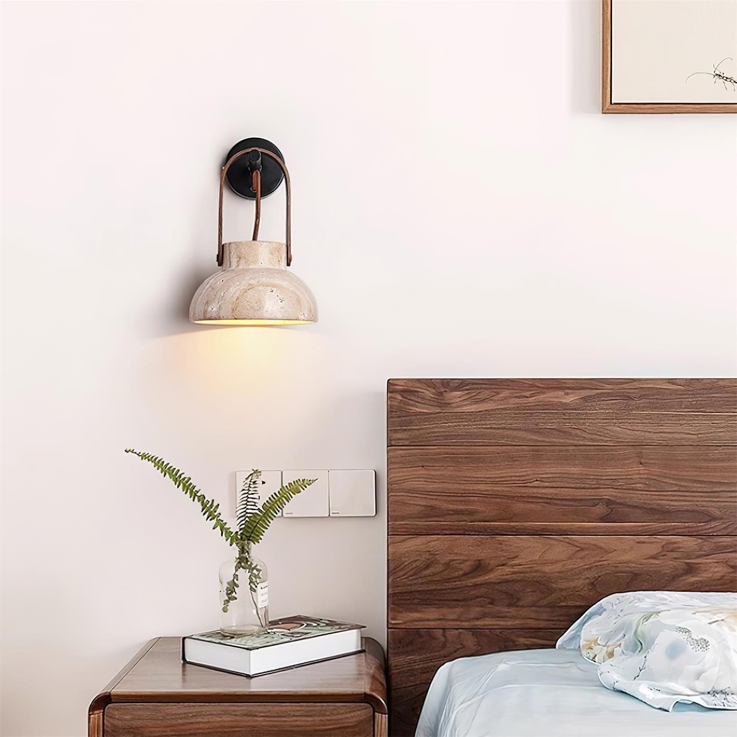 Wall Lamp Metal Body Wood Strap Travertine Shade Minimalist