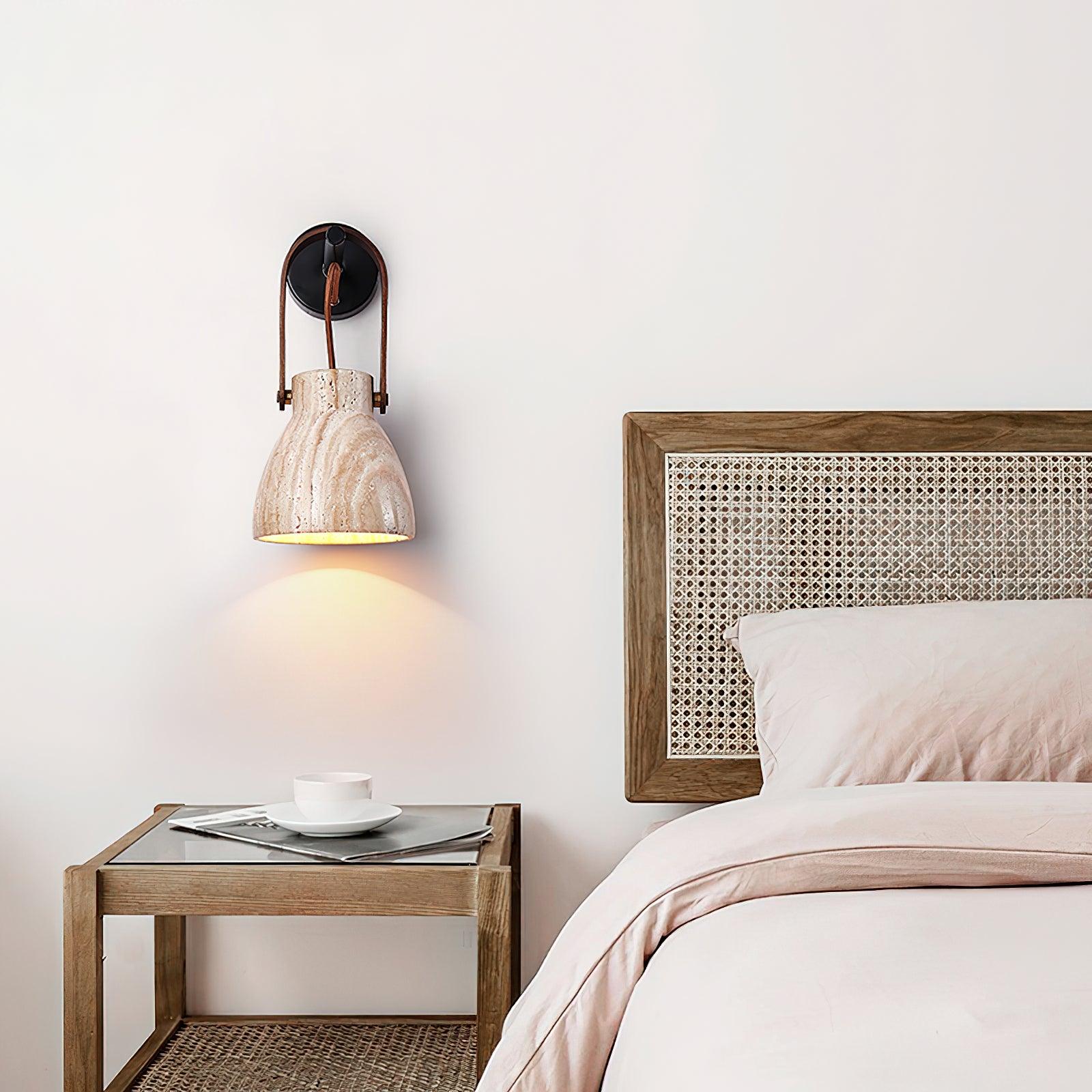 Wall Lamp Metal Body Wood Strap Travertine Shade Minimalist