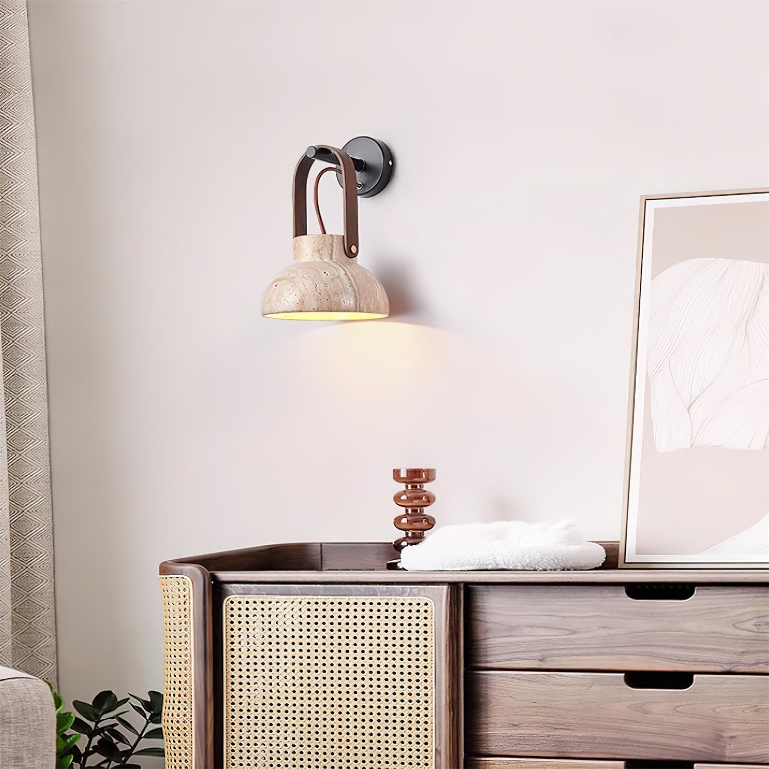 Wall Lamp Metal Body Wood Strap Travertine Shade Minimalist