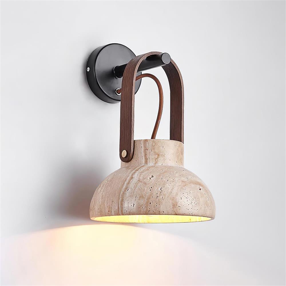 Wall Lamp Metal Body Wood Strap Travertine Shade Minimalist