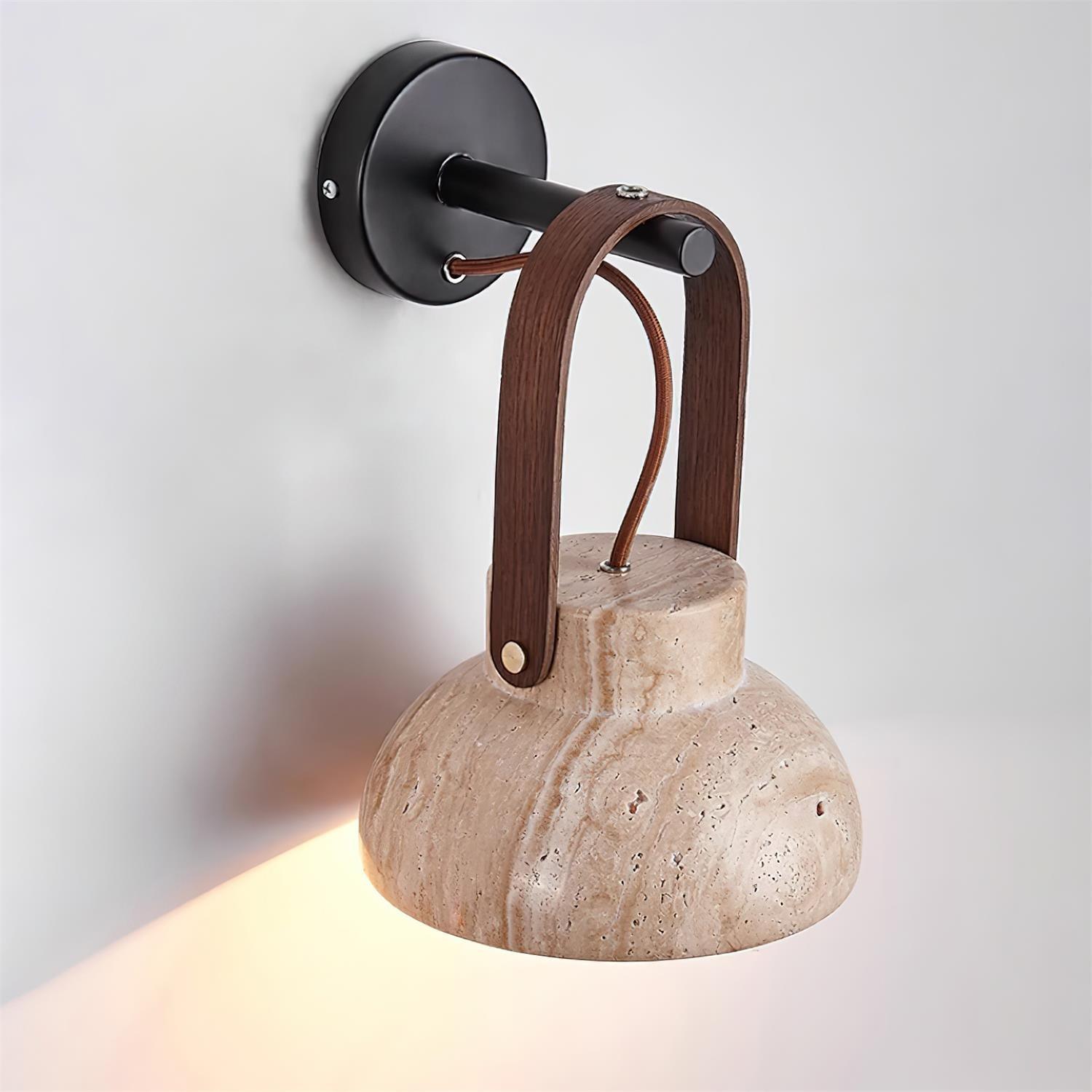 Wall Lamp Metal Body Wood Strap Travertine Shade Minimalist