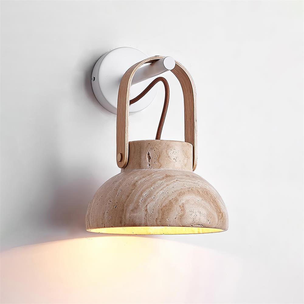 Wall Lamp Metal Body Wood Strap Travertine Shade Minimalist
