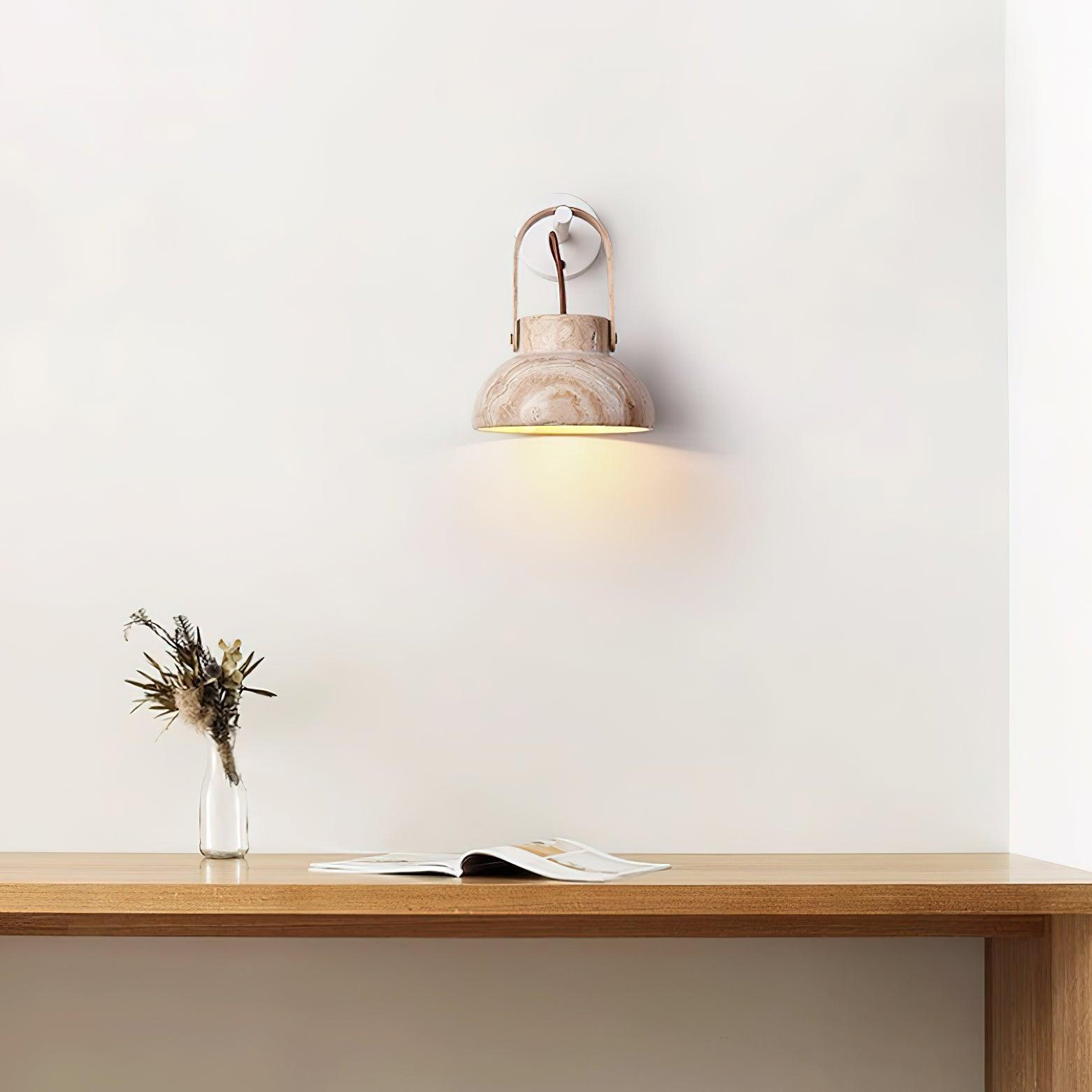 Wall Lamp Metal Body Wood Strap Travertine Shade Minimalist