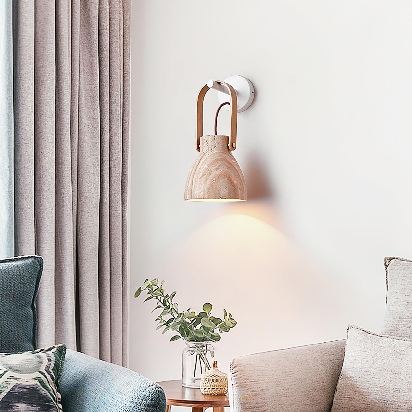 Wall Lamp Metal Body Wood Strap Travertine Shade Minimalist