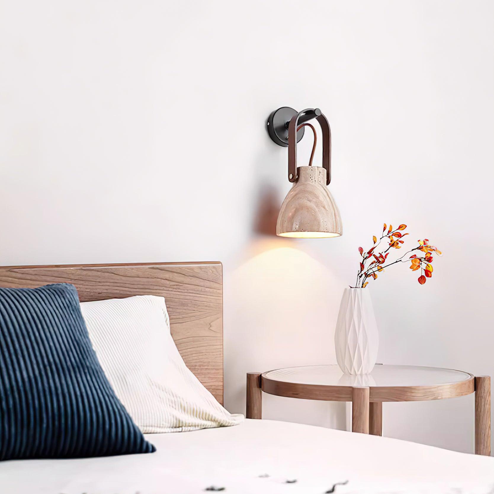 Wall Lamp Metal Body Wood Strap Travertine Shade Minimalist