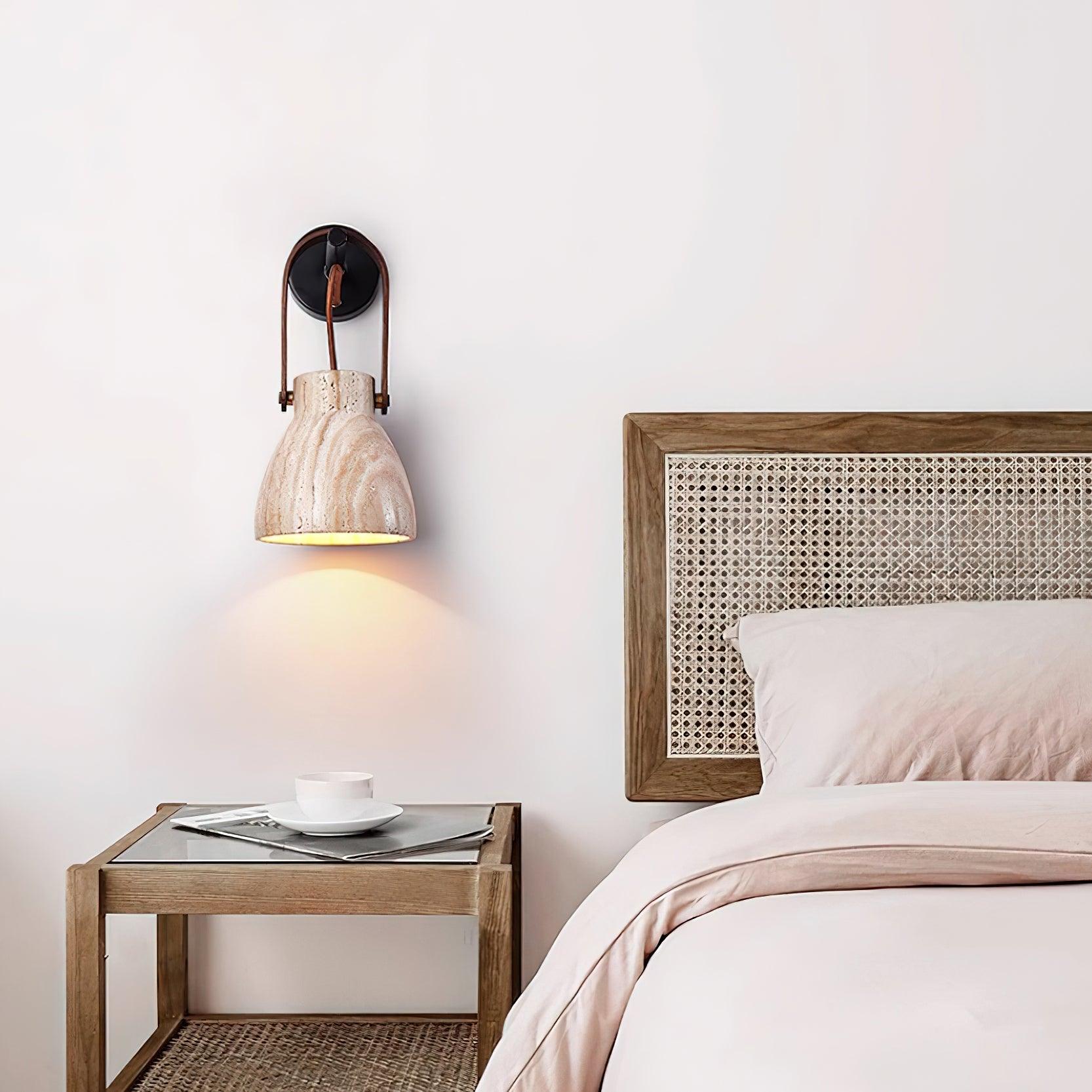 Wall Lamp Metal Body Wood Strap Travertine Shade Minimalist