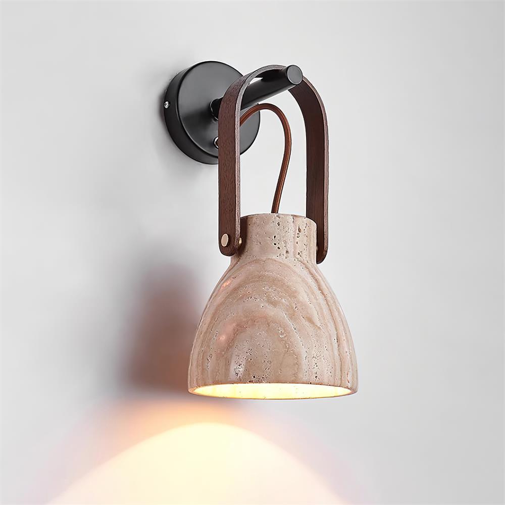 Wall Lamp Metal Body Wood Strap Travertine Shade Minimalist