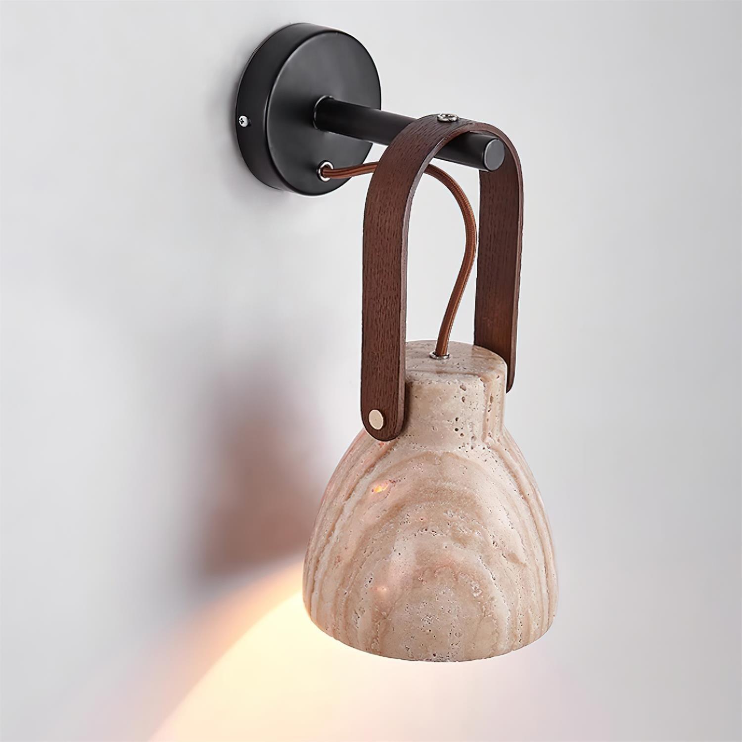 Wall Lamp Metal Body Wood Strap Travertine Shade Minimalist