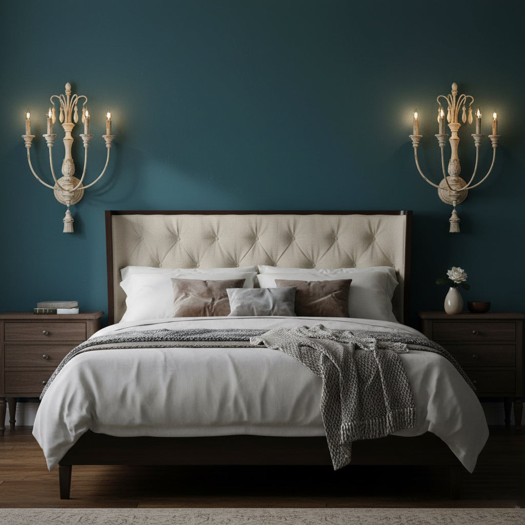The wall lamp illuminated, casting a warm ambient glow.