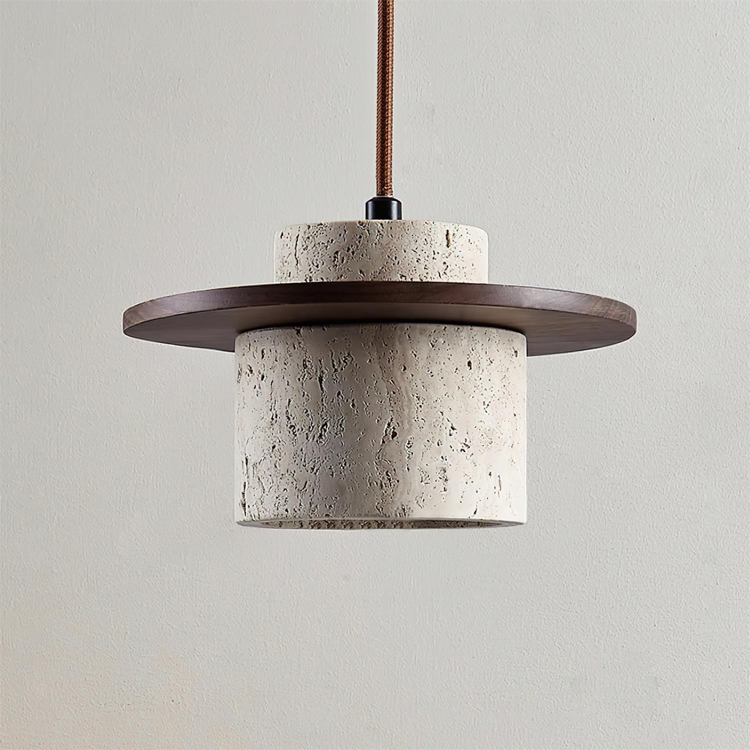 Pendant Lamp Travertine Cylinder Walnut Wood Disc Artisanal