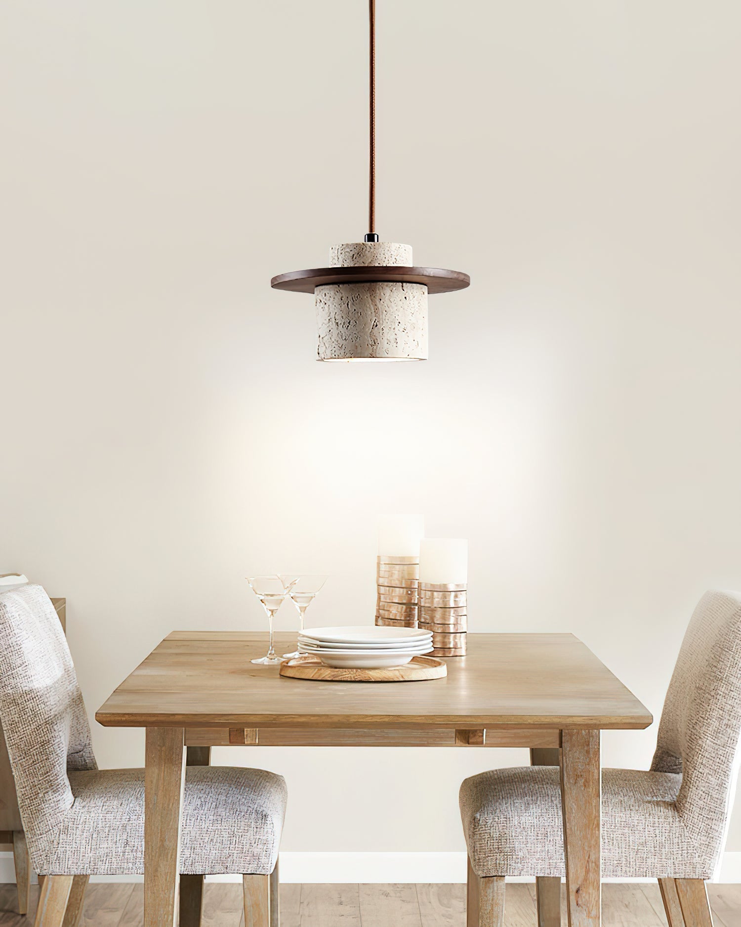 Pendant Lamp Travertine Cylinder Walnut Wood Disc Artisanal