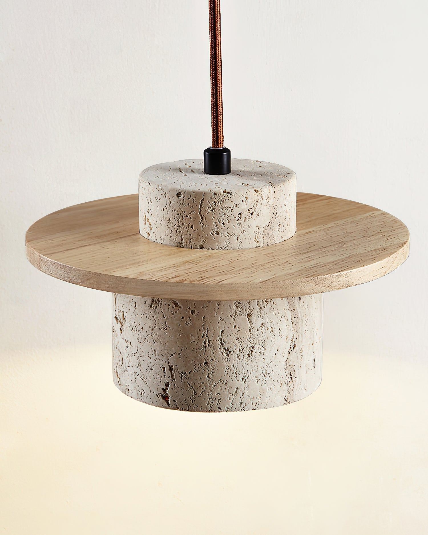 Pendant Lamp Travertine Cylinder Walnut Wood Disc Artisanal