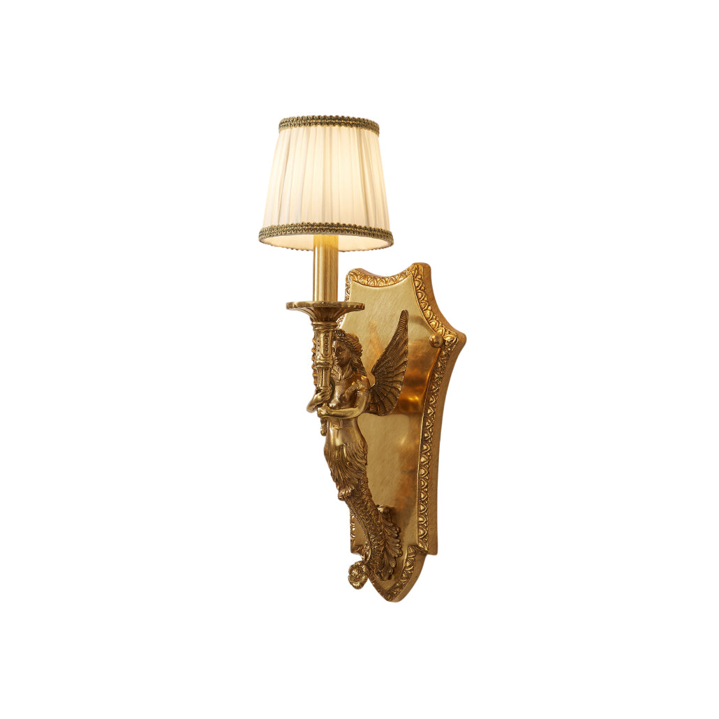 Caterina Brass Wall Lamp with white fabric shade.