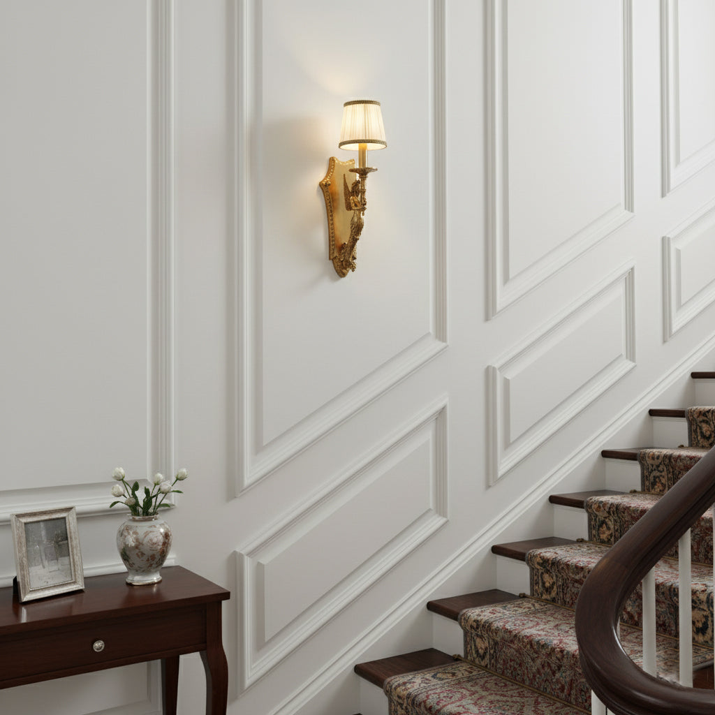 The lamp against a light-colored wall.