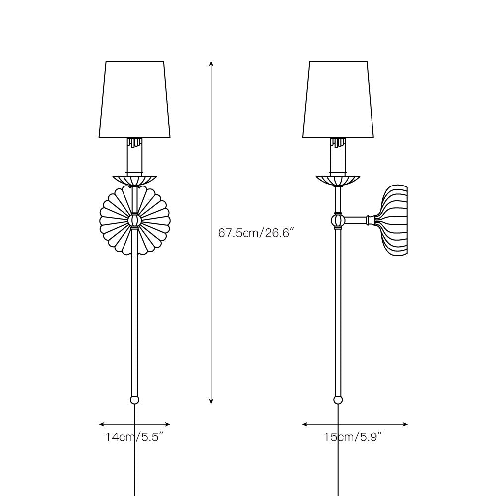 Double-arm horizontal wall sconce with two cream fabric shades.