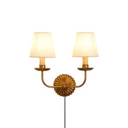 Front view of the antique gold fluted-rosette plug-in wall sconce.