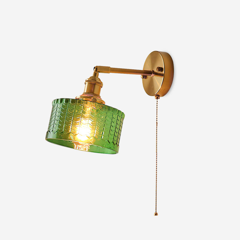 Rilo Wall Lamp Brass with Green/Clear Glass Shade and Pull Chain-Neutral Decor