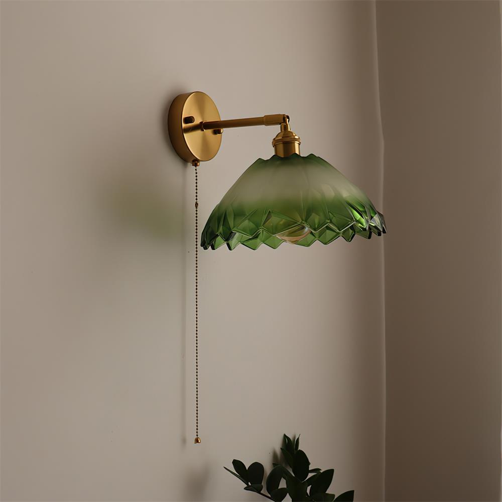 Rilo Wall Lamp Brass with Green/Clear Glass Shade and Pull Chain-Neutral Decor