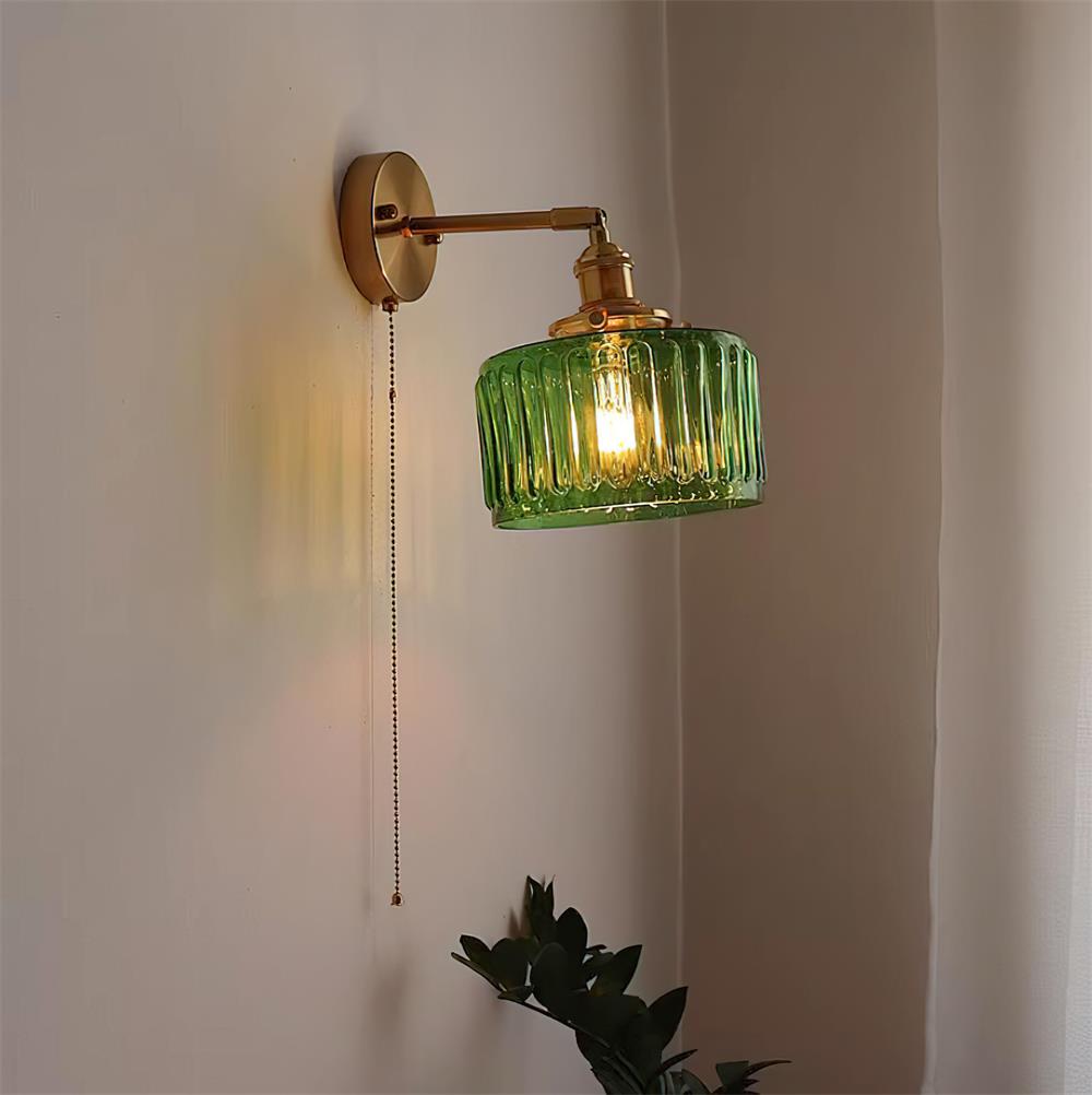 Rilo Wall Lamp Brass with Green/Clear Glass Shade and Pull Chain-Neutral Decor