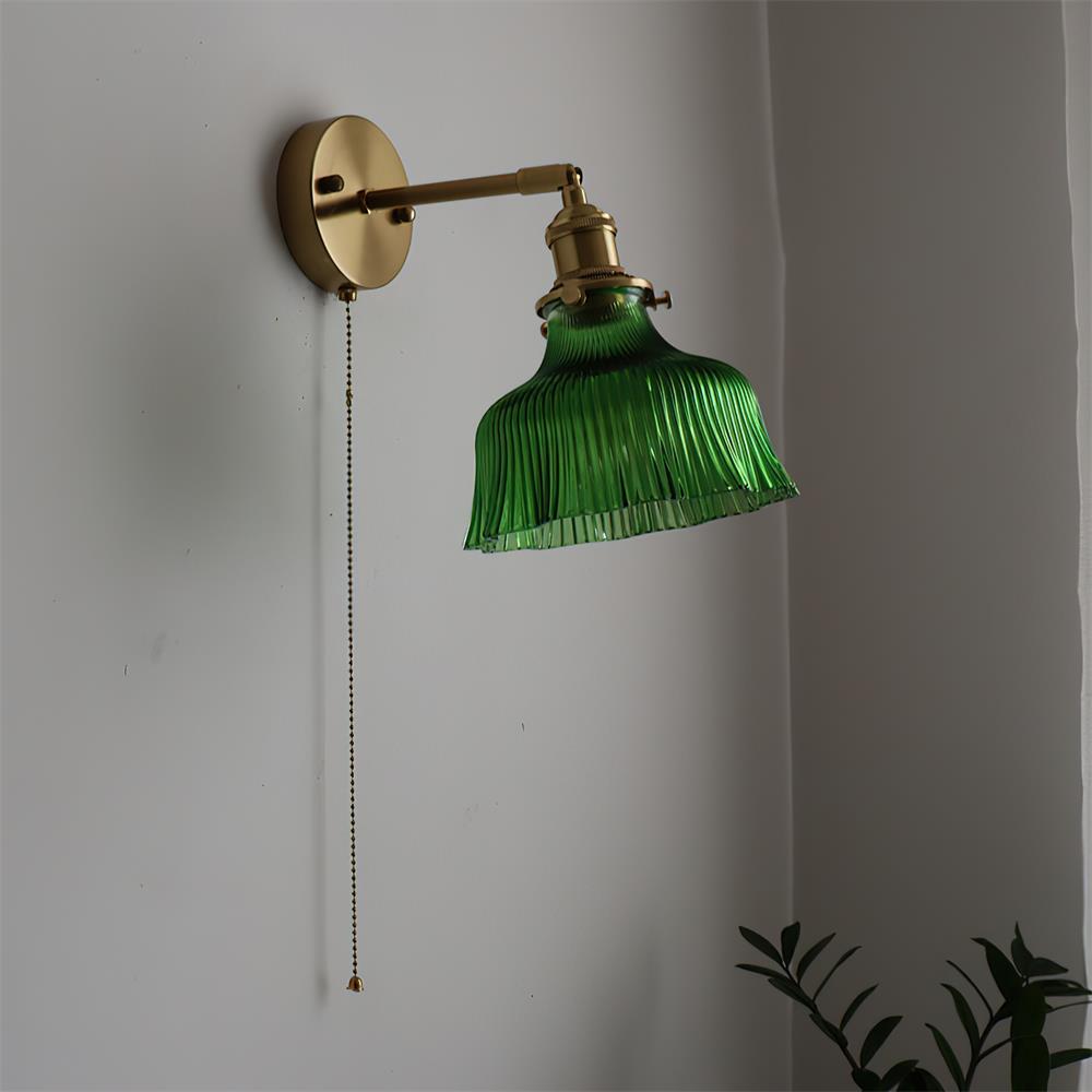 Rilo Wall Lamp Brass with Green/Clear Glass Shade and Pull Chain-Neutral Decor