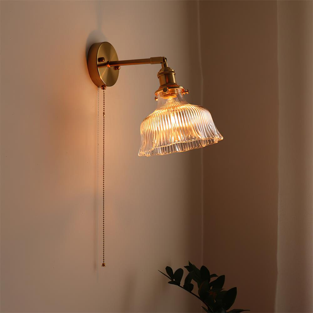 Rilo Wall Lamp Brass with Green/Clear Glass Shade and Pull Chain-Neutral Decor