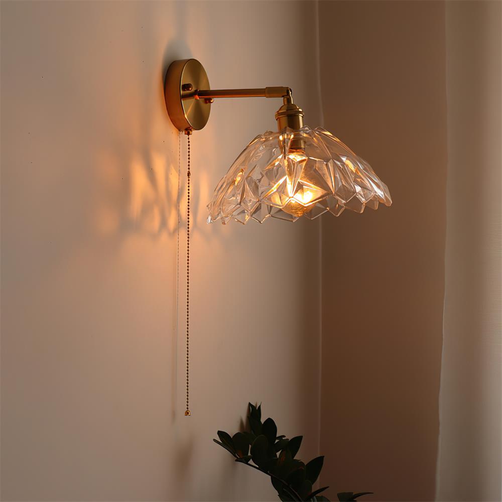 Rilo Wall Lamp Brass with Green/Clear Glass Shade and Pull Chain-Neutral Decor
