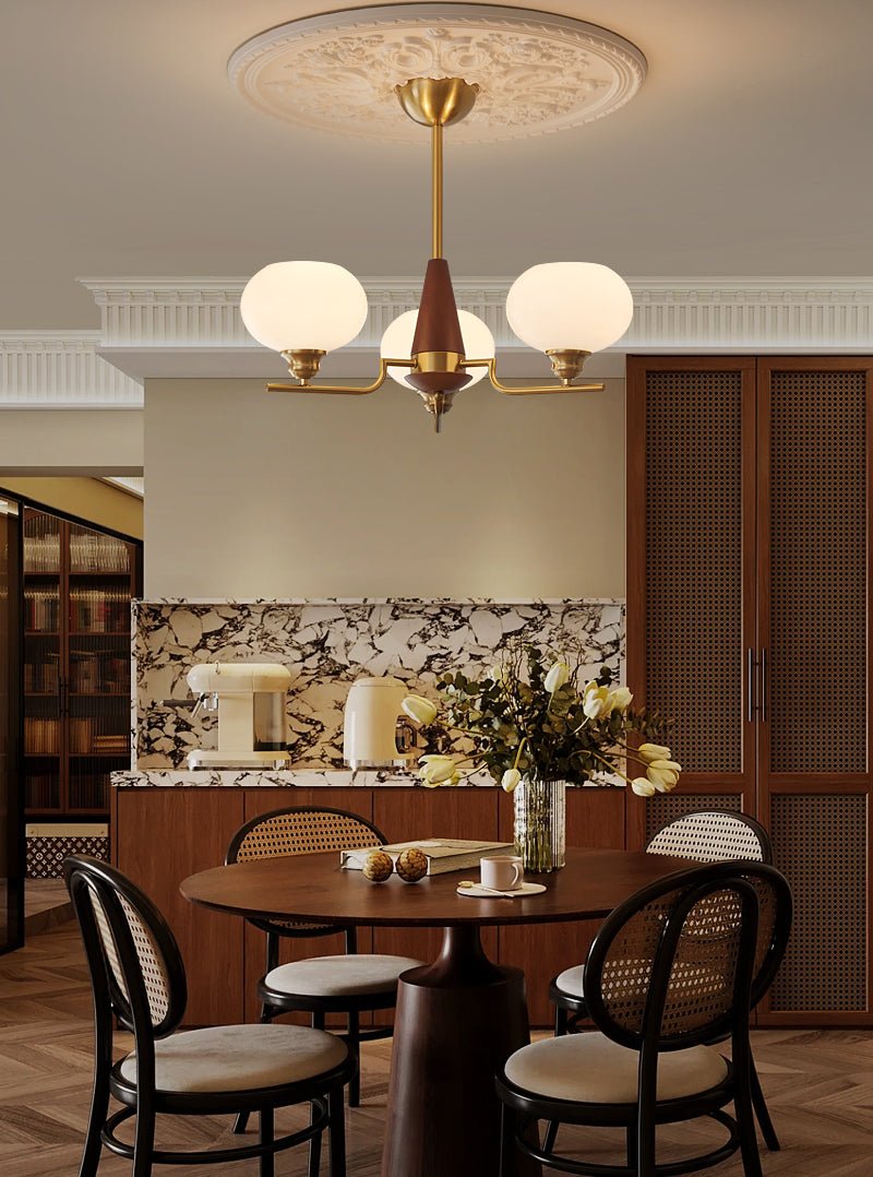 Lustra Chandelier Walnut Frosted Glass Globes-Neutral Decor