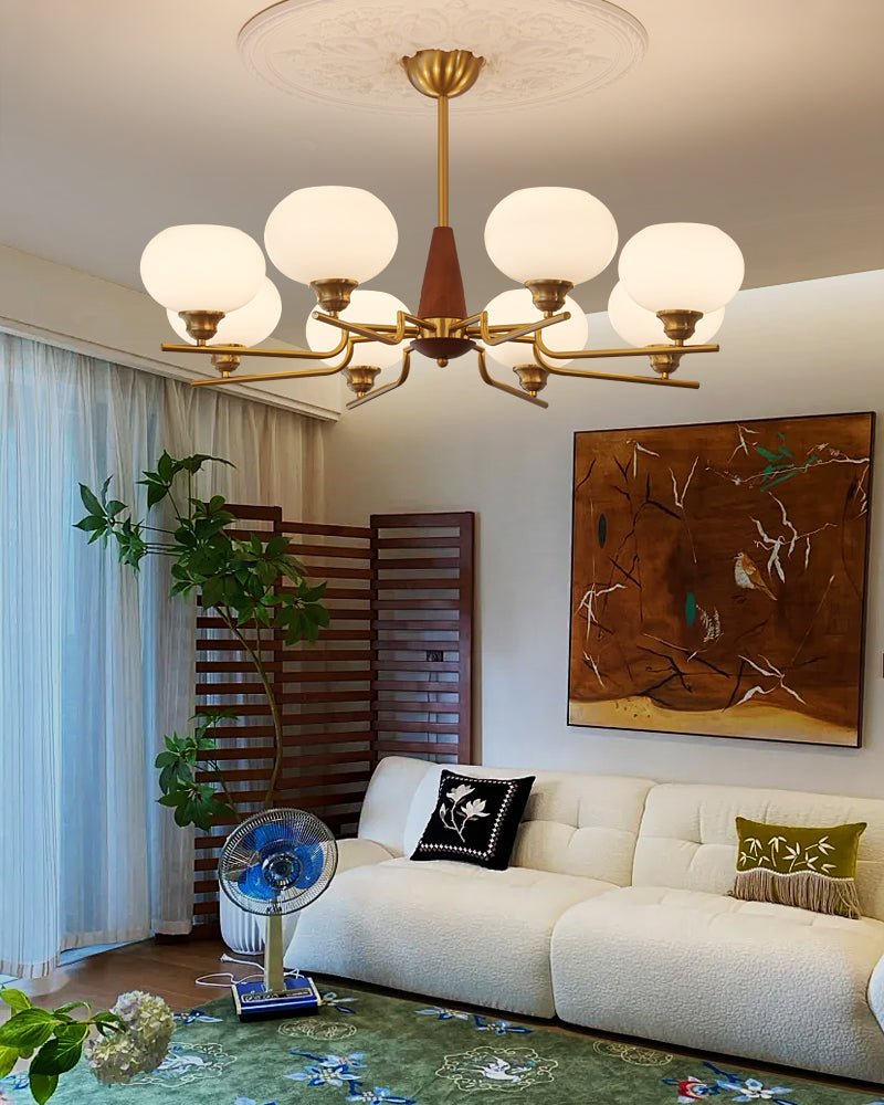Lustra Chandelier Walnut Frosted Glass Globes-Neutral Decor