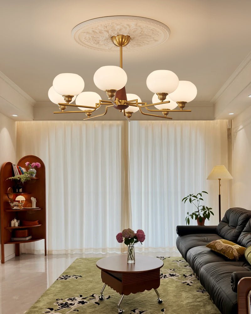 Lustra Chandelier Walnut Frosted Glass Globes-Neutral Decor