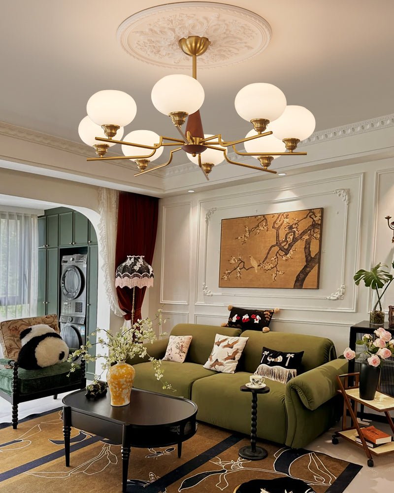 Lustra Chandelier Walnut Frosted Glass Globes-Neutral Decor