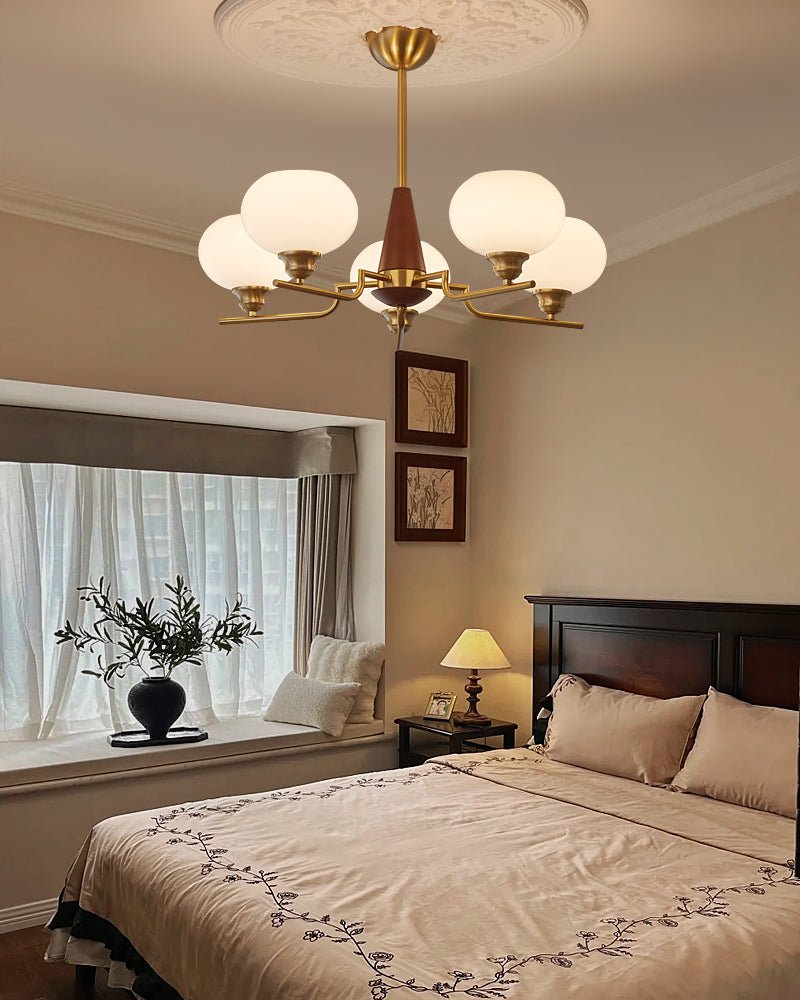 Lustra Chandelier Walnut Frosted Glass Globes-Neutral Decor